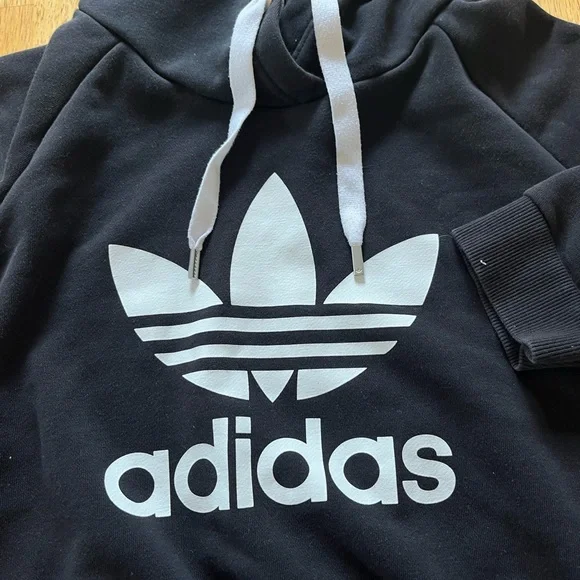 Adidas Women's Cropped Hoodie Size Small Black White Firebird Long Sleeve - Picture 2 of 8